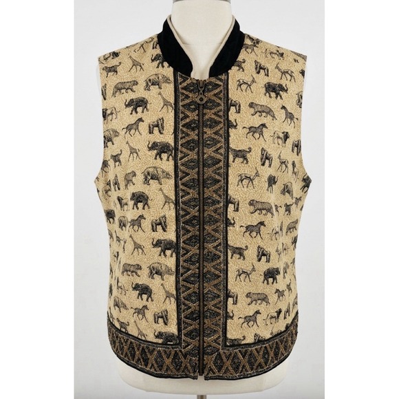 Stonebridge Jackets & Blazers - Stonebridge Women's Vest L Safari Animal Print Beaded Trim Full Zip Linen Blend